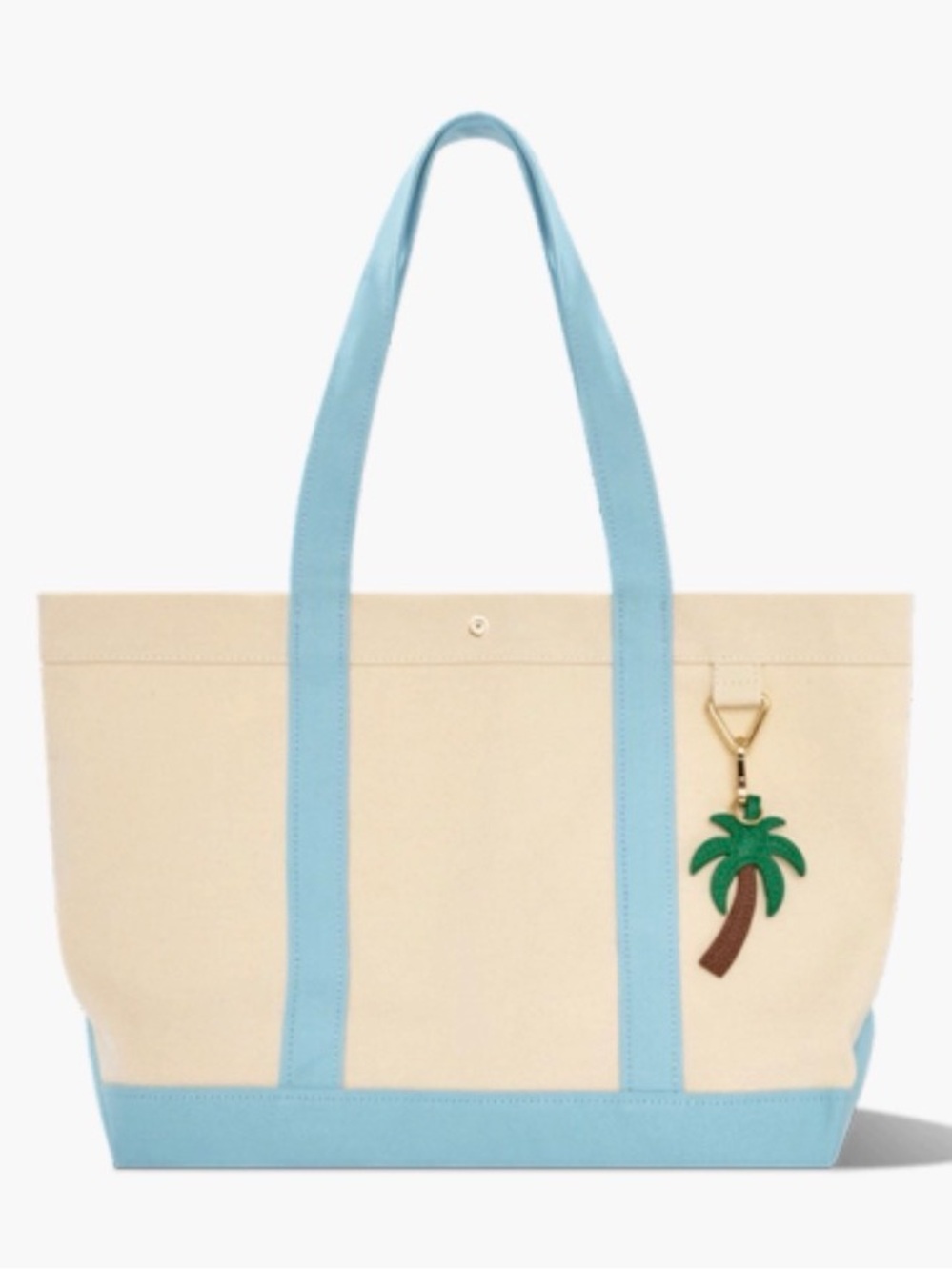 BaubleBar Cream Canvas Tote with Light Blue Trim and Palm Charm
